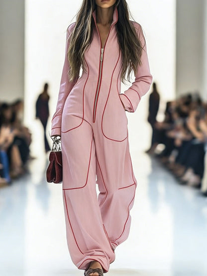 Genevieve Long-Sleeve Stand-Collar Wide-Leg Jumpsuit
