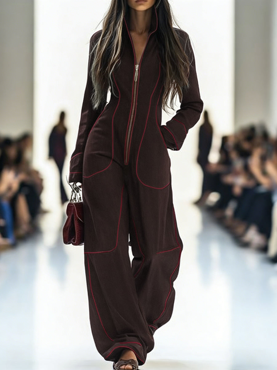 Genevieve Long-Sleeve Stand-Collar Wide-Leg Jumpsuit