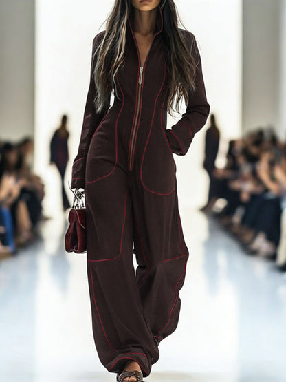 Genevieve Long-Sleeve Stand-Collar Wide-Leg Jumpsuit