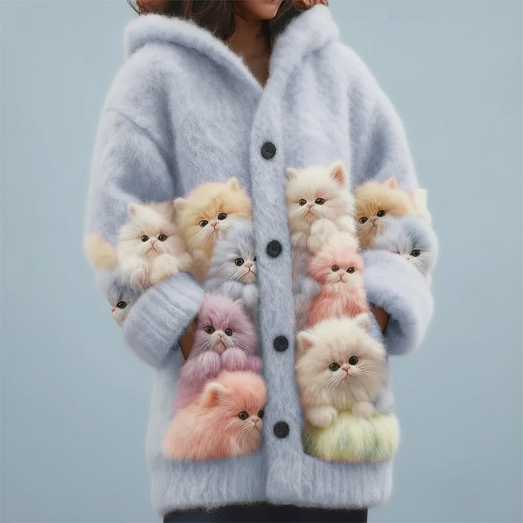 Lovely Fuzzy Colorful Cats Hooded Cardigan