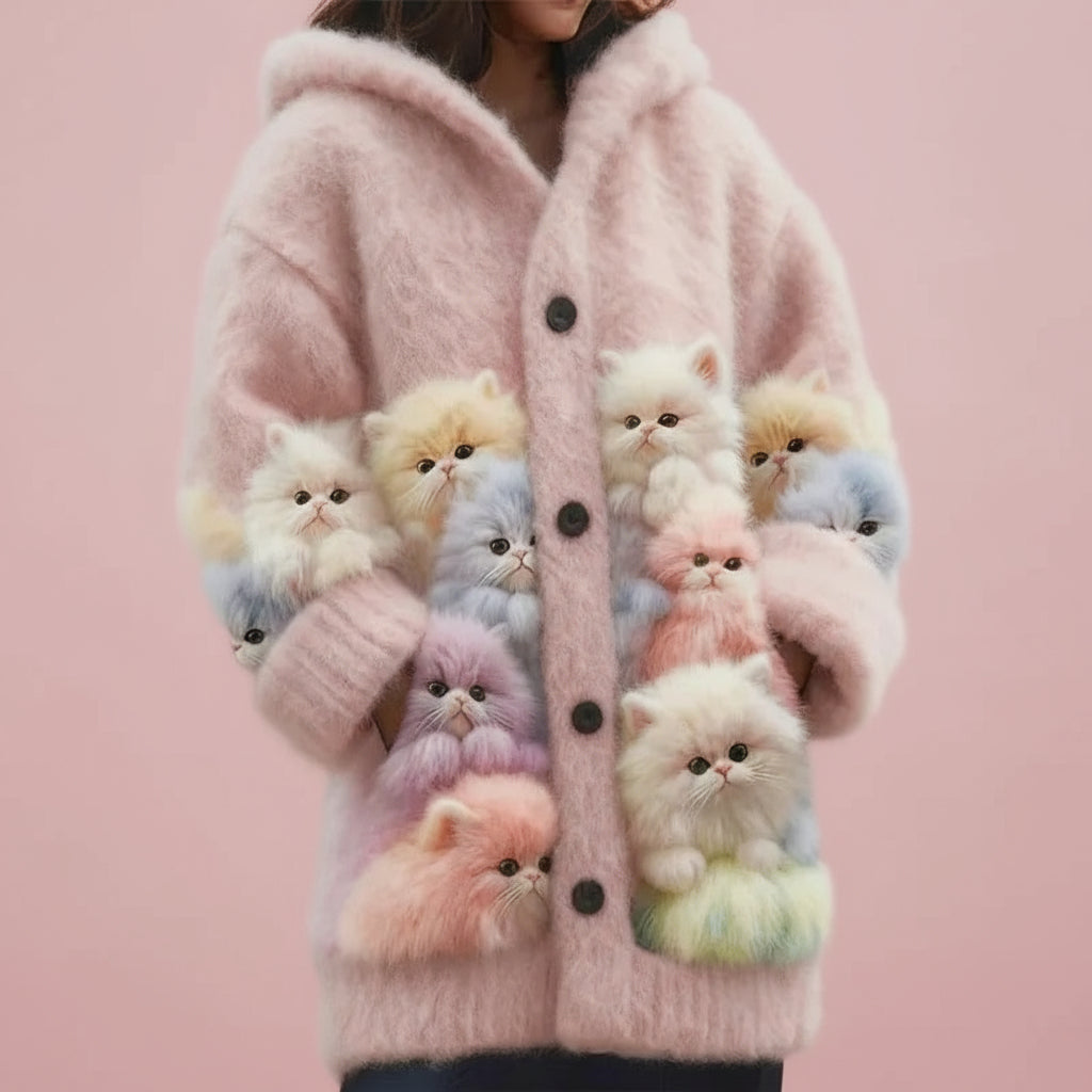 Lovely Fuzzy Colorful Cats Hooded Cardigan