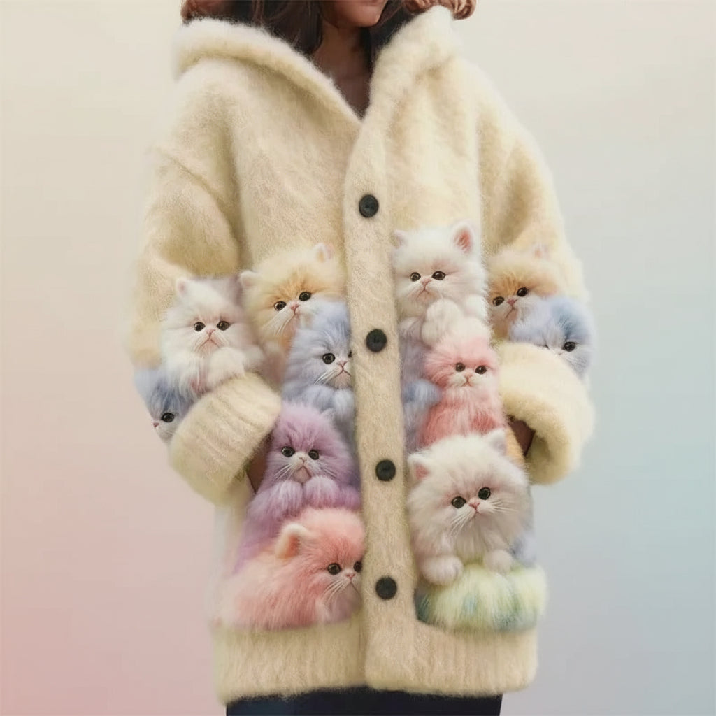 Lovely Fuzzy Colorful Cats Hooded Cardigan