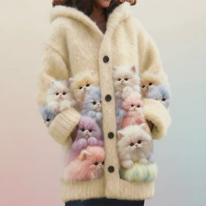 Lovely Fuzzy Colorful Cats Hooded Cardigan