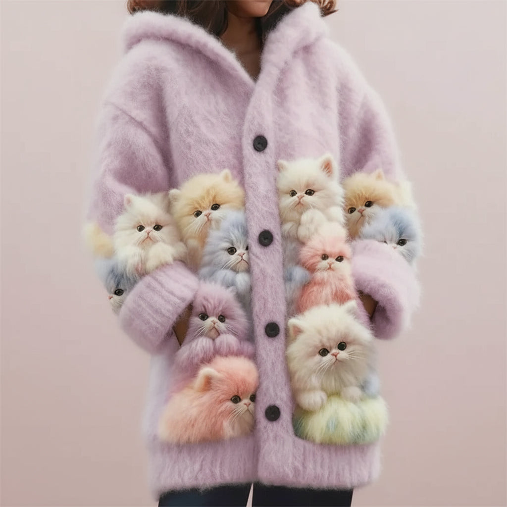 Lovely Fuzzy Colorful Cats Hooded Cardigan