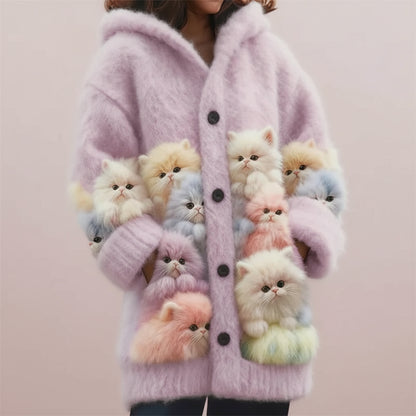 Lovely Fuzzy Colorful Cats Hooded Cardigan