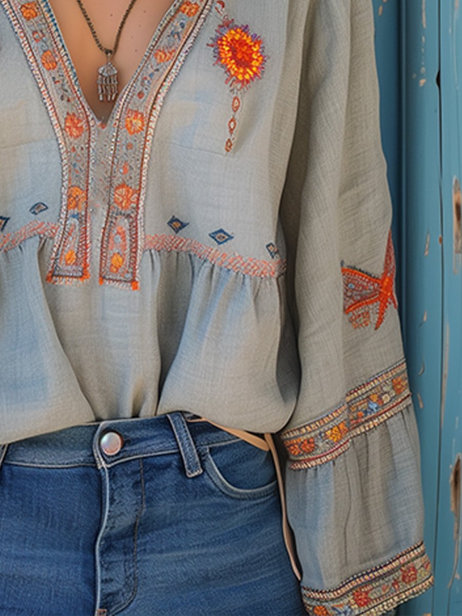 Elodie Embroidered Floral Peasant Blouse