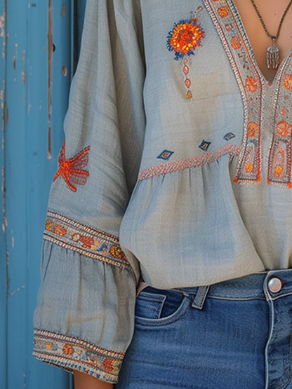 Elodie Embroidered Floral Peasant Blouse