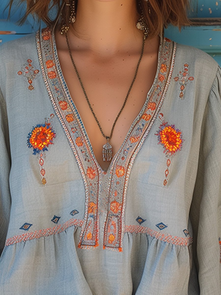 Elodie Embroidered Floral Peasant Blouse