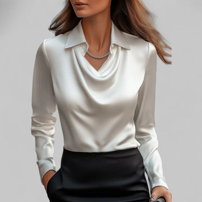 Elara Draped Neck Long Sleeve Satin Blouse