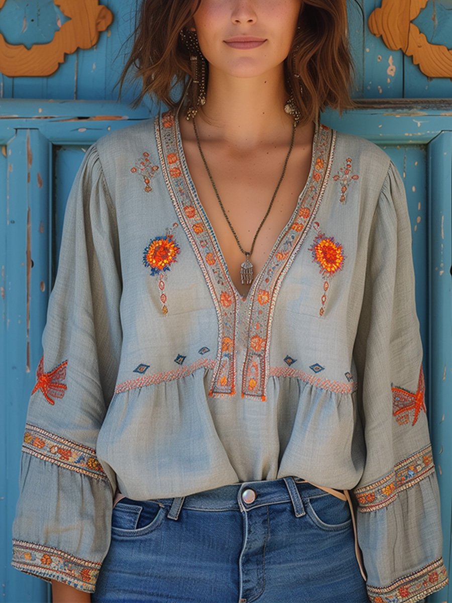Elodie Embroidered Floral Peasant Blouse