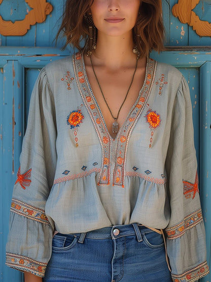 Elodie Embroidered Floral Peasant Blouse