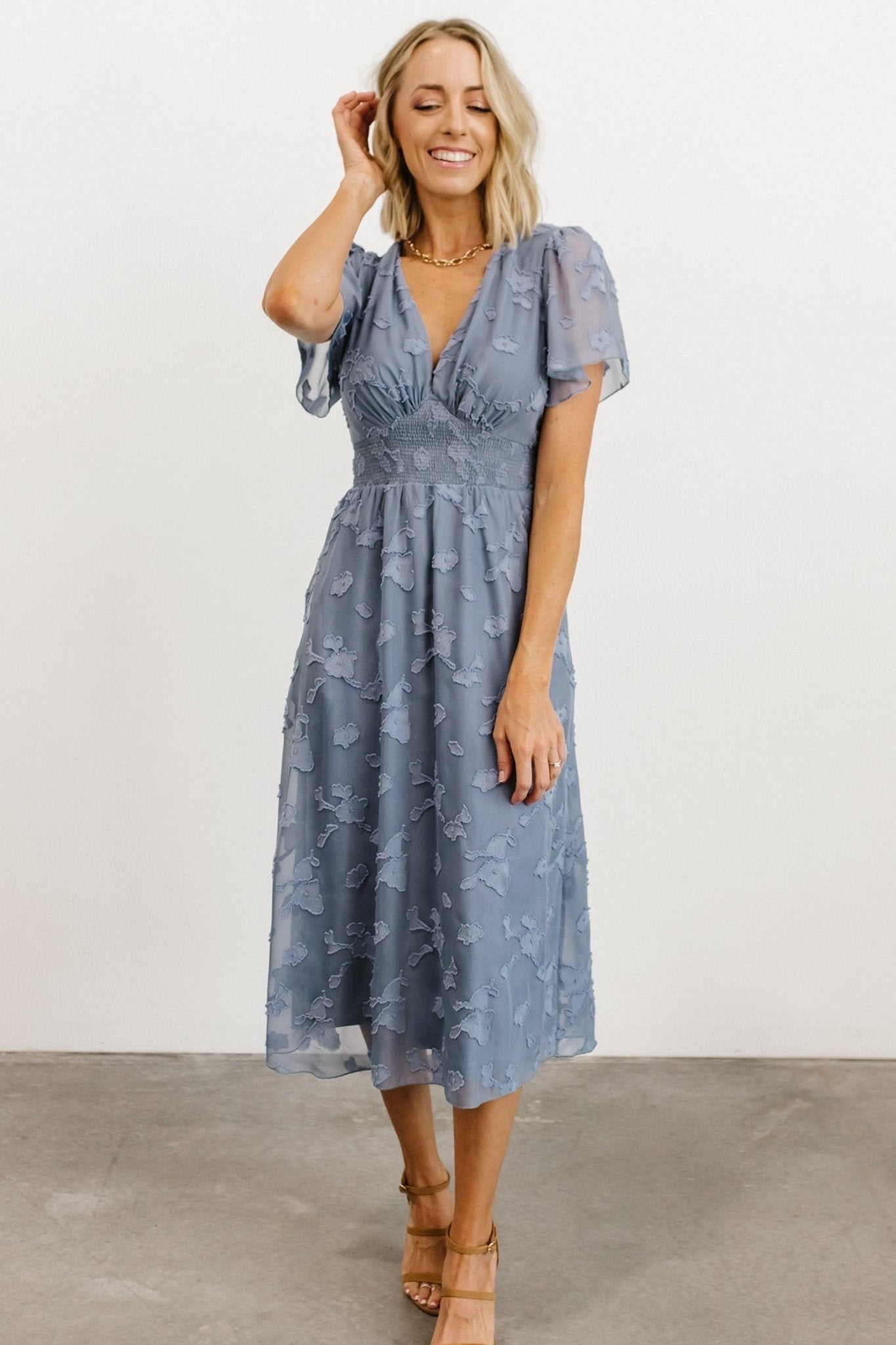 Davina Blue Smocked Midi Dress