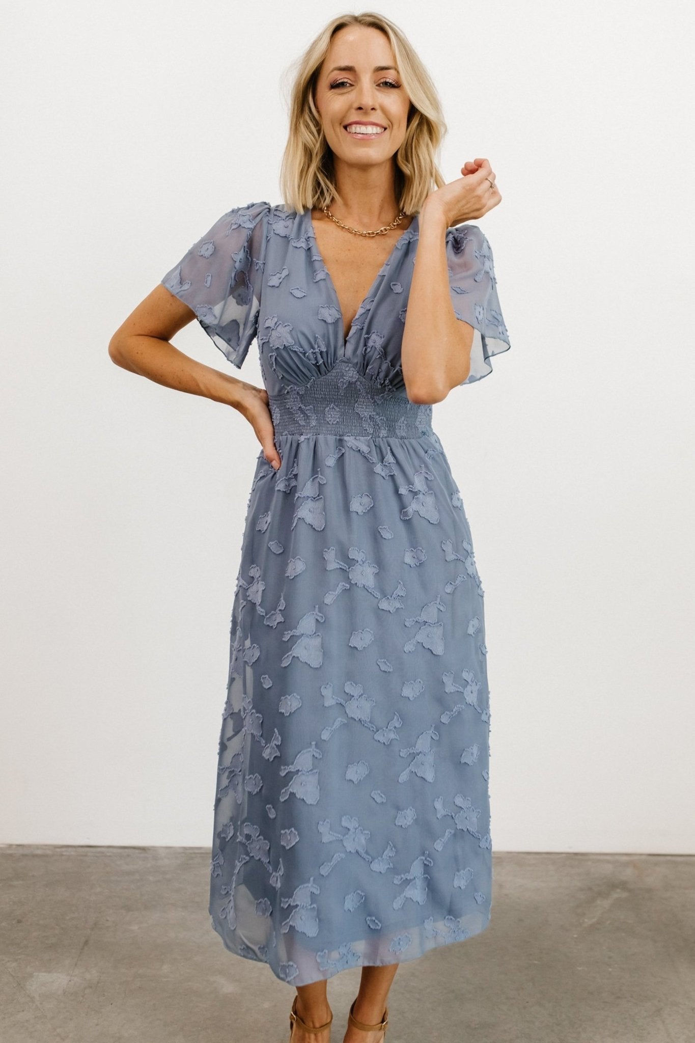 Davina Blue Smocked Midi Dress